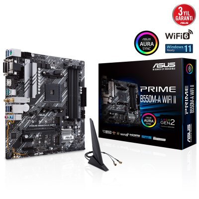 ASUS PRIME B550M-A WIFI II AMD B550 AM4 DDR4 4866 HDMI DVI VGA ÇİFT M2 USB3.2 AX WİFİ + BT ARGB MATX PCIE 4.0 ECC RAM DESTEĞİ